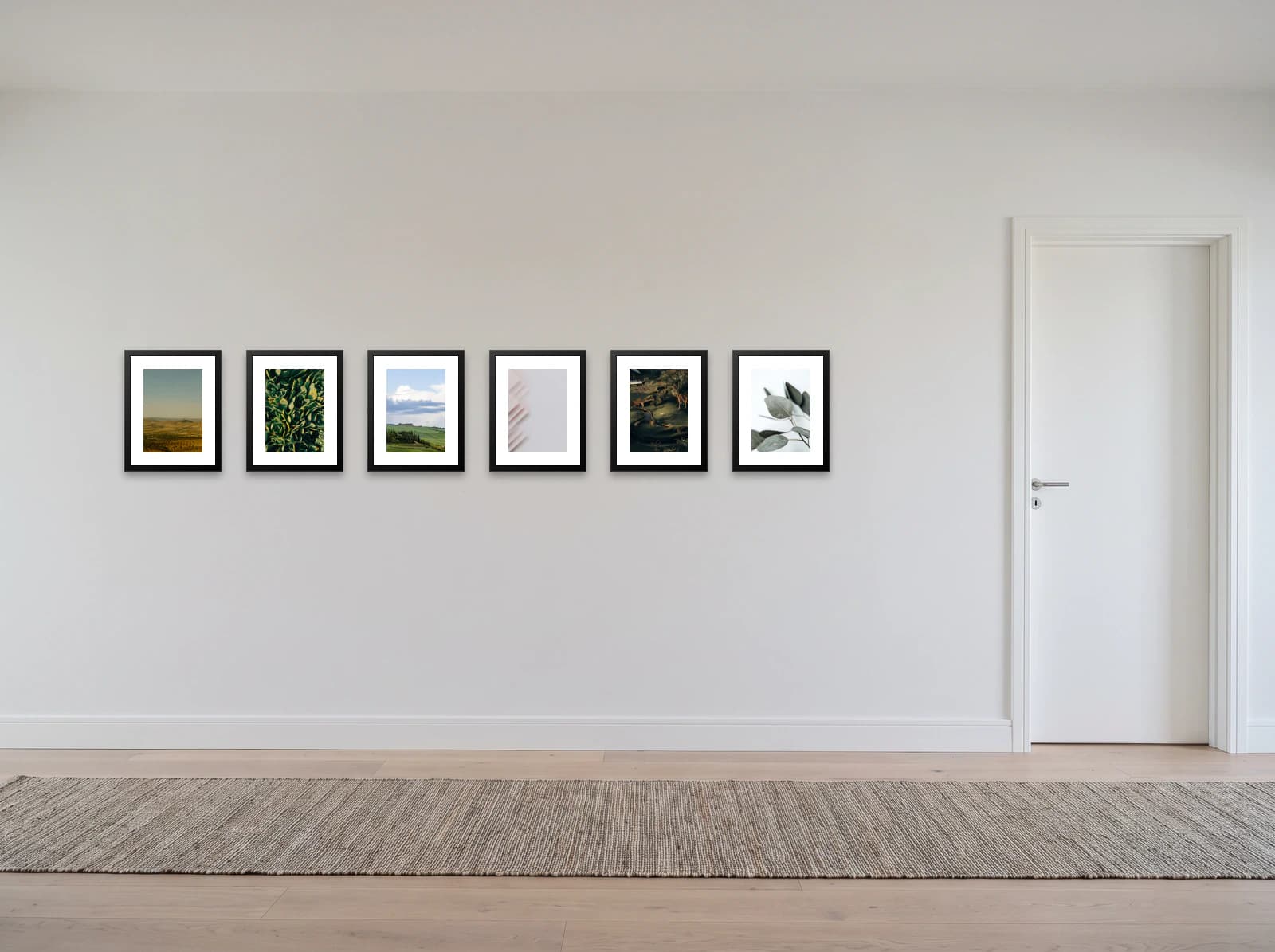 Six framed prints in a row along a hallway wall